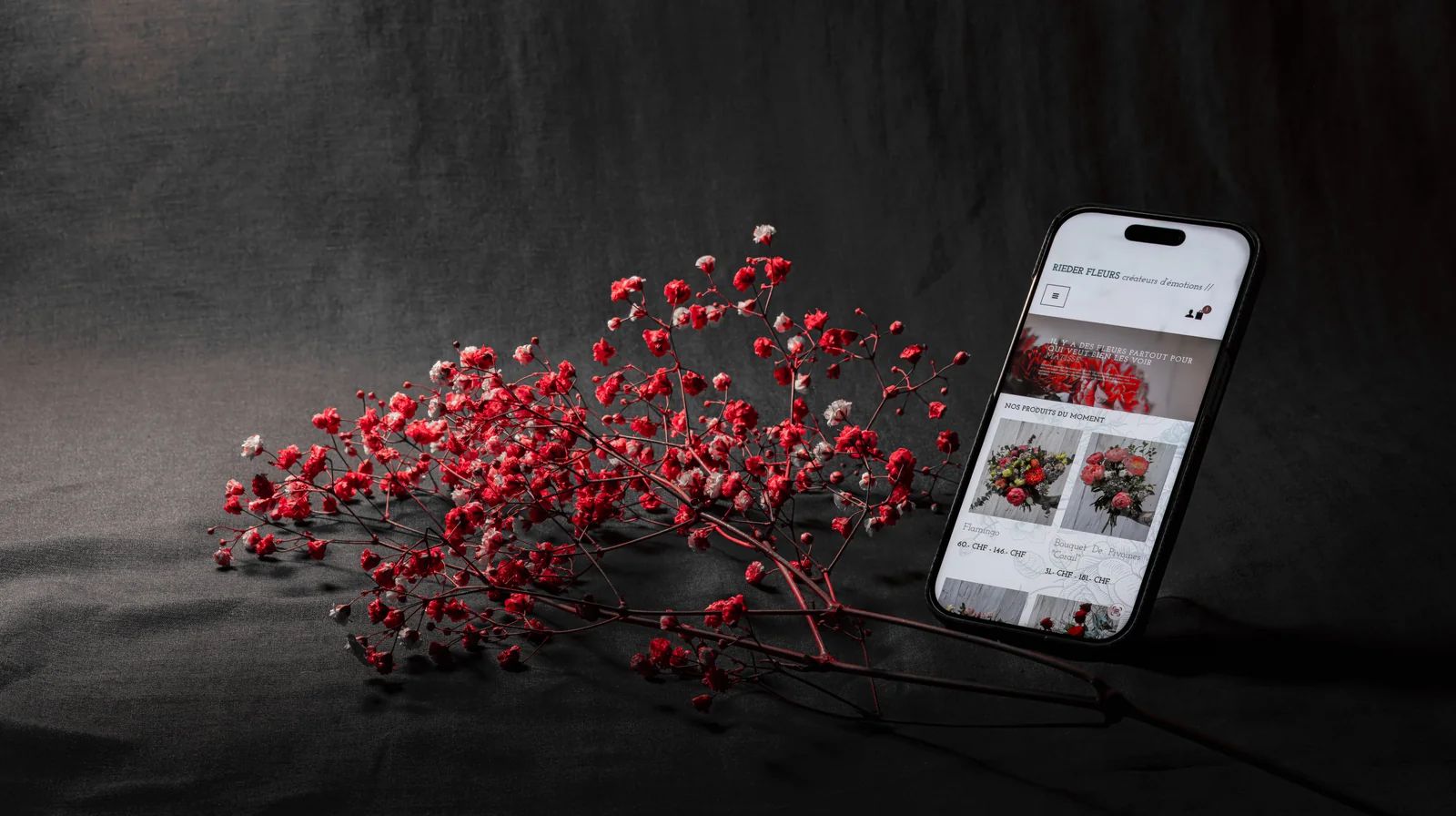 Une branche de gypsophile rouge posée dans le noir contre un iPhone qui affiche la boutique en ligne de Rieder Fleurs, bouquets à la une